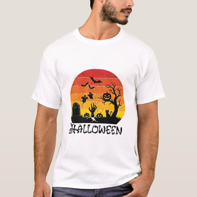 T-shirt Main de zombie Halloween Pierre tombale Arbre Chat (Devant)