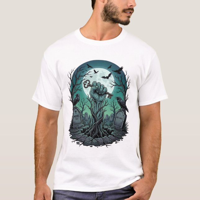 T-shirt Main de zombie squelette clé tombeau corbeaux Hal (Devant)