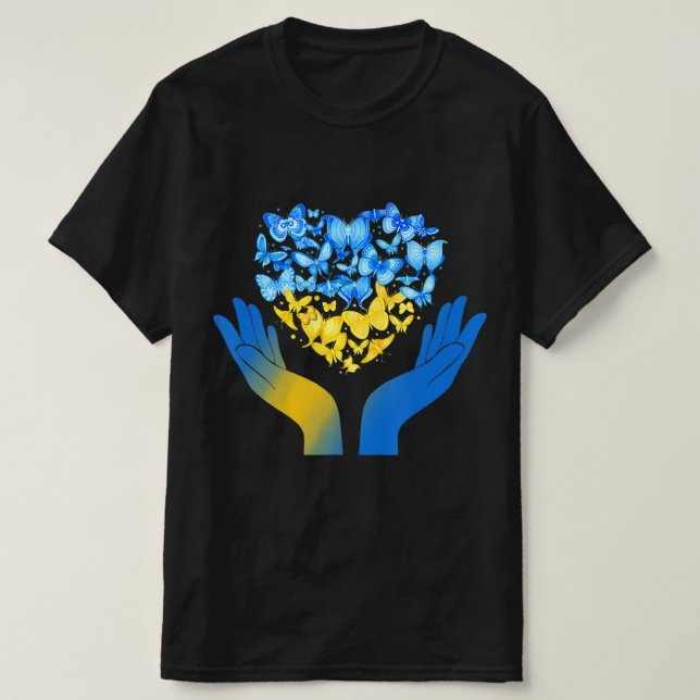 T-shirt Main Love Heart Butterfly Ukrainien Drapeau Stand  (Design devant)