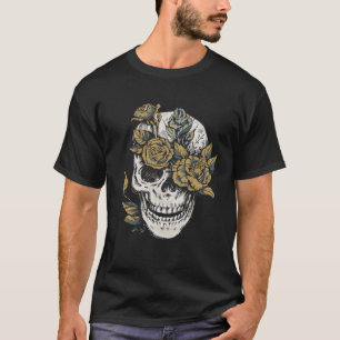 T-shirt Main Rose Crâne Et Fleur Tirée