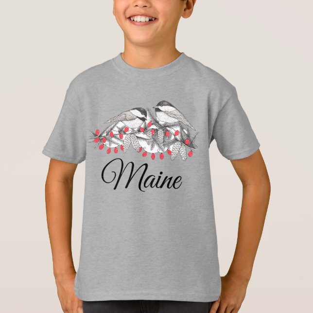 T-shirt Maine Chickadee Bird hiver Noël Vacances Neige (Devant)