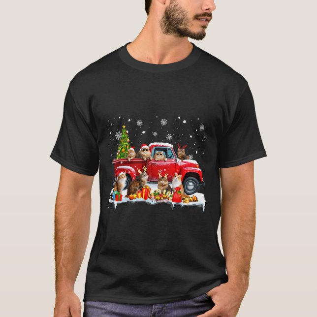 T-shirt Maine Coon Cat Red Truck Christmas Tree Santa Ugly (Devant)