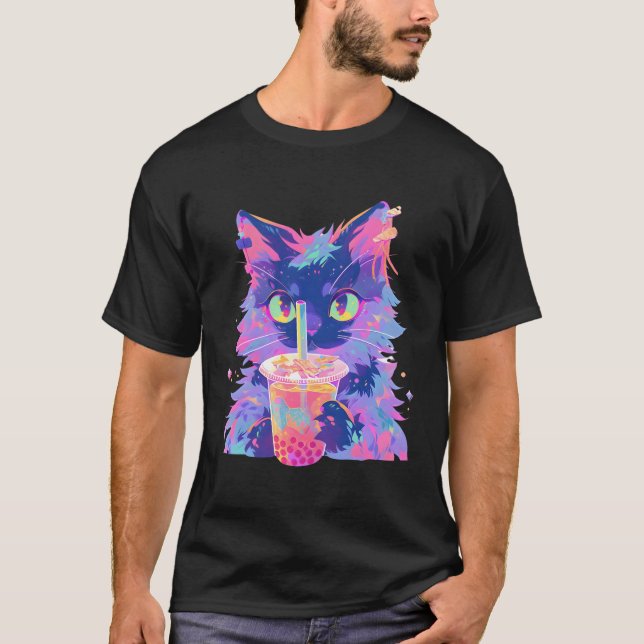 T-shirt Maine Coon Chat Boba Boire Kawaii Anime Bubble Tea (Devant)