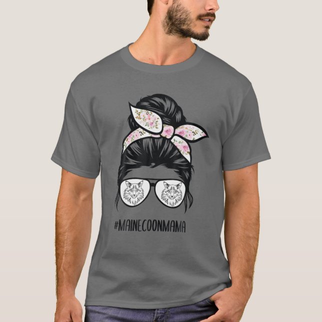 T-shirt Maine Coon Chat Maman Messy Bun Lunettes de cheveu (Devant)