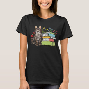 T-shirt Maine Coon Chat Propriétaire Livres Lecture Fleurs
