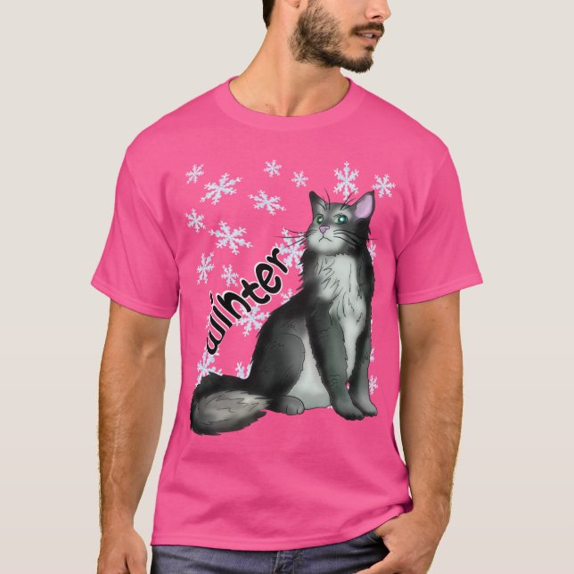 T-shirt Maine coon noir et blanc d'hiver (Devant)