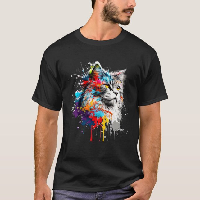 T-shirt Maine Coon Paint Splatter Cat  Splatter Paint (Devant)