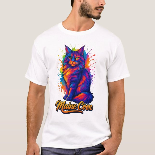 T-shirt Maine Coon Pop Art Colorful Cat Illustration (Devant)