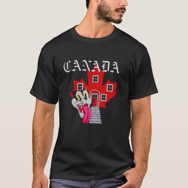 T-SHIRT MAISON À FEUILLE D'ÉRABLE ROUGE AVEC CHAT (Devant)
