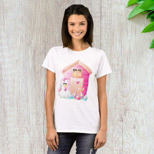 T-shirt Maison de poulets et de poules roses avec fleurs