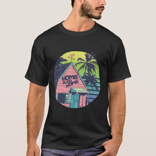 T-shirt Maison d'île tropicale Art Rétro du Coucher de Sol (Devant)