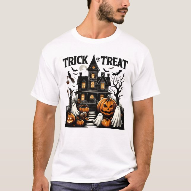 T-shirt Maison hantée avec citrouilles & fantômes ! (Devant)