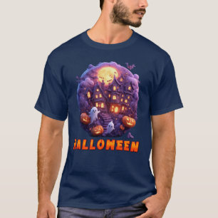 T-shirt Maison hantée avec citrouilles, fantômes et pleine