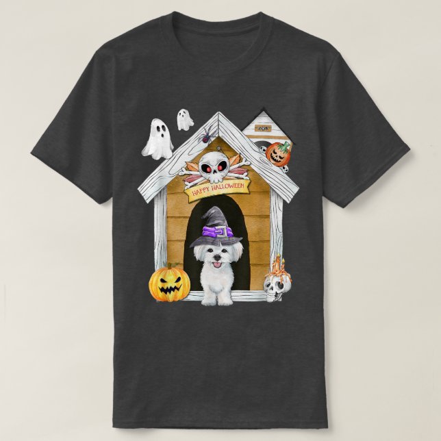 T-shirt maison hantée de sorcière de chien maltais (Design devant)