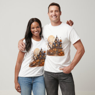 T-shirt Maison hantée d'Halloween et chariot de citrouille