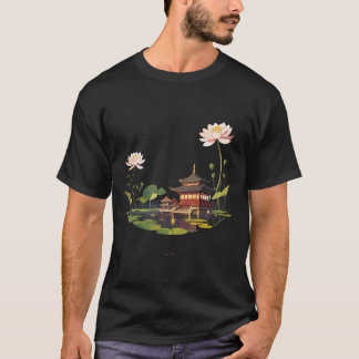 T-shirt maison japonaise paysage et réflexion d'eau