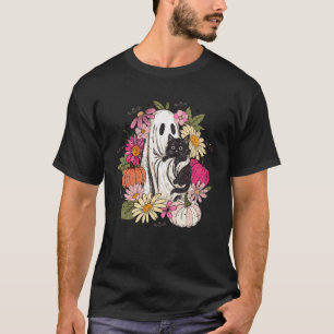 T-shirt Maison rétro fantôme chat noir floral Boho Cottage
