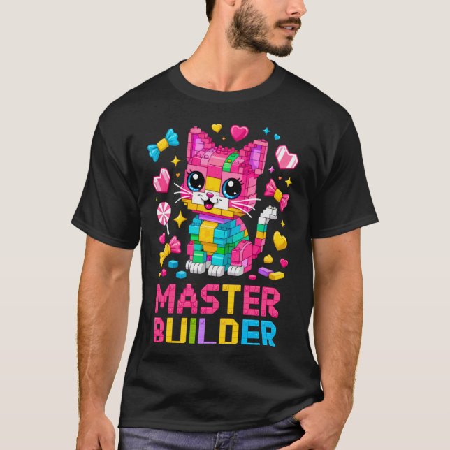 T-shirt Maître Constructeur Amateur de Chat Briques Blocs  (Devant)