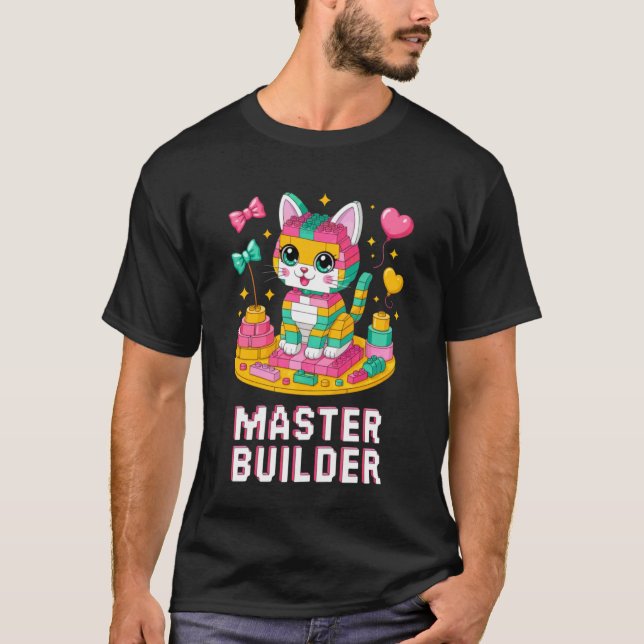 T-shirt Maître Constructeur Amateur de Chat Briques Blocs  (Devant)