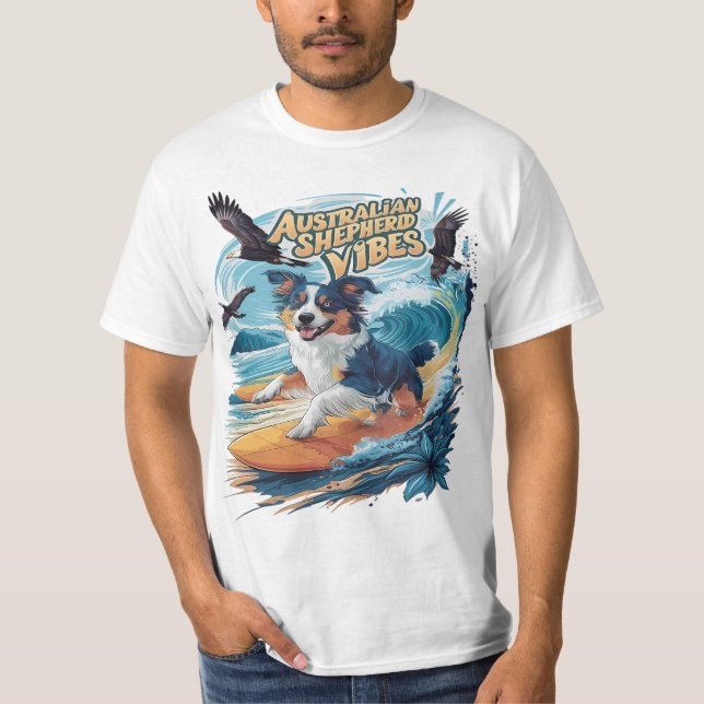 T-shirt Majestic Australian Shepherd Dog Surfing the Crest (Devant)