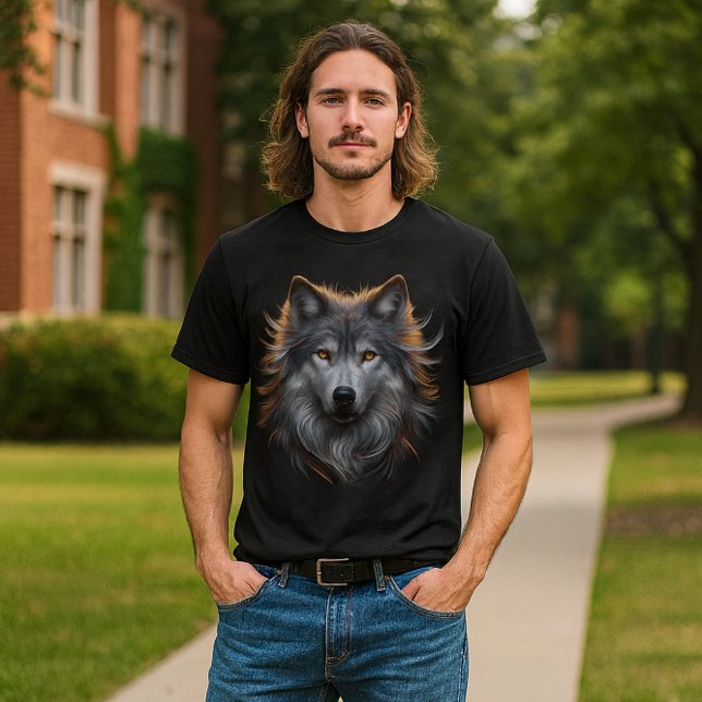 T-shirt Majestic Gray Wolf with Copper Eyes  (“Bold wolf art meets campus cool perfect for students who lead with instinct, style, and strength.”)