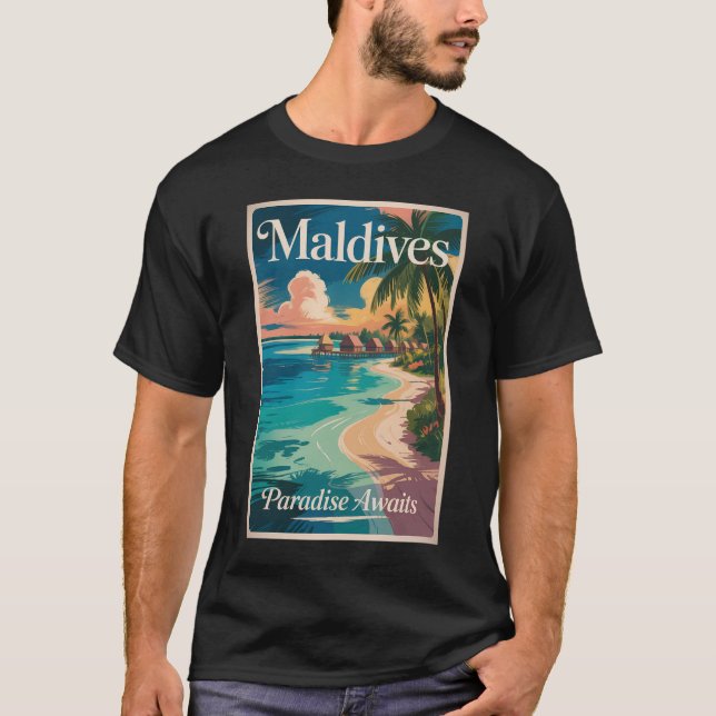 T-shirt Maldives Beach Illustration Travel Art Vintage (Devant)