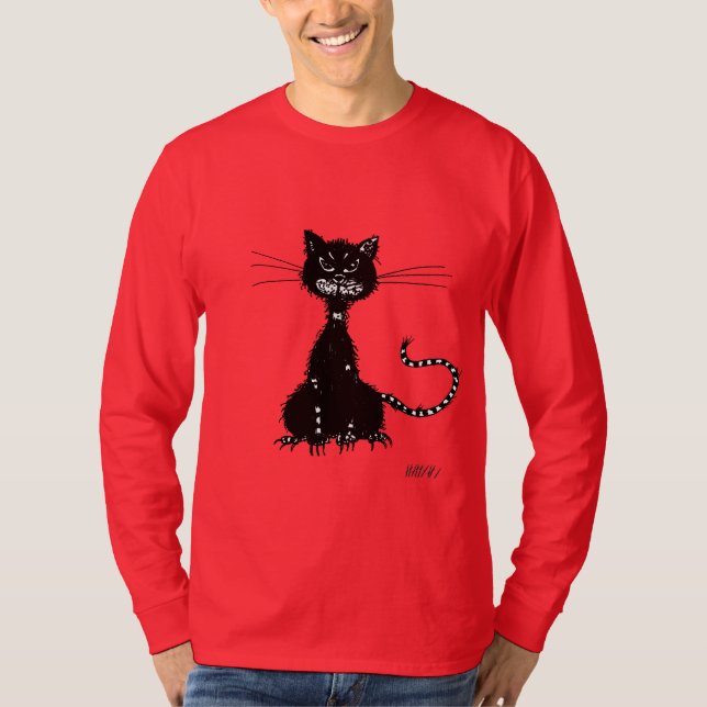 T-shirt Mâle mauvais grunge foncé de chat noir à manches (Devant)