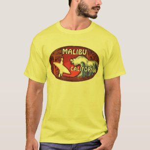 T-shirt Malibu Californie jaune surf vague d'art gars tee