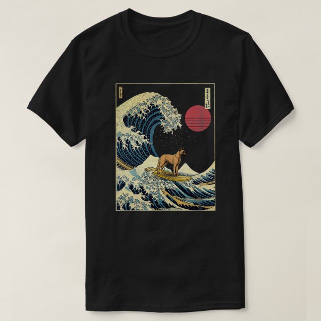 T-shirt Malinois belge Japonais Kanagawa Vague Surf amusan (Design devant)