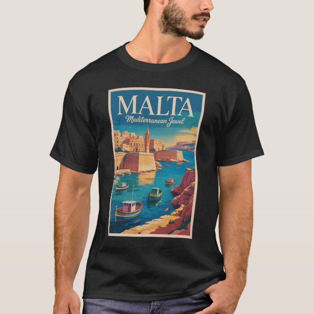 T-shirt Malta Coast Illustration Travel Art Vintage (Devant)