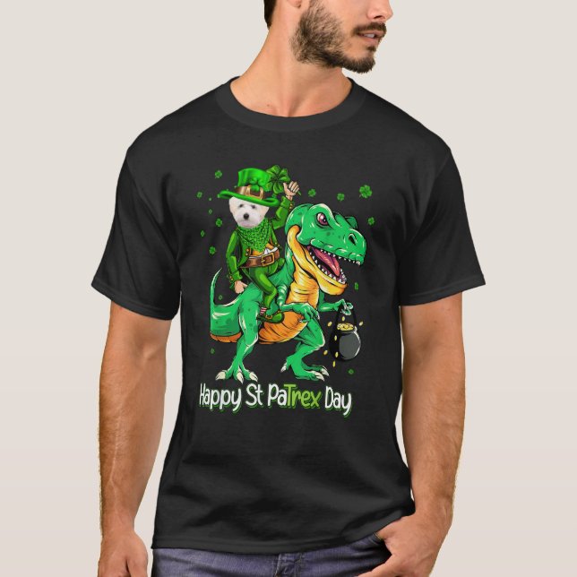 T-shirt Maltipoo Riding Dinosaur Patricks Day Shamrock (Devant)