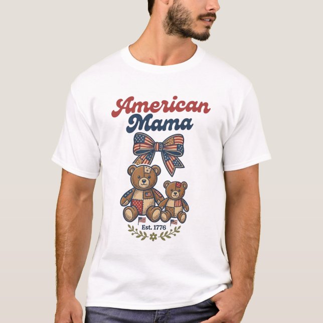 T-shirt Mama Américaine Ours Patriote Patchwork Vector Des (Devant)