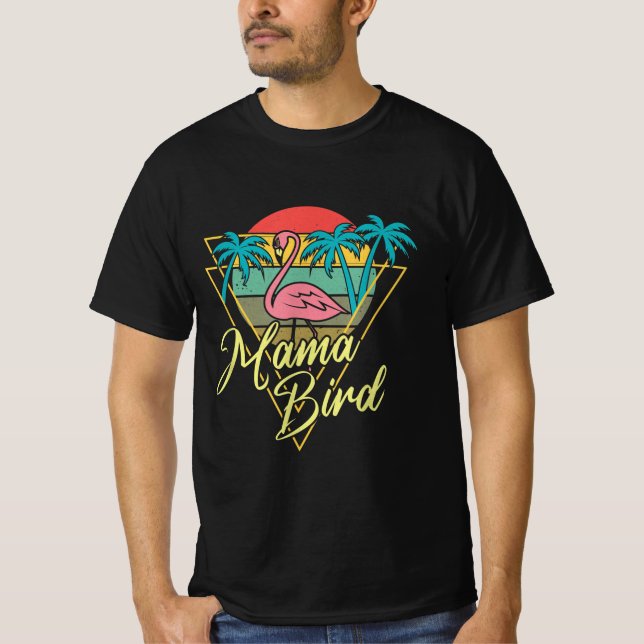 T-shirt Mama Bird Flamant rose Sunset Palm Tree Beach anné (Devant)