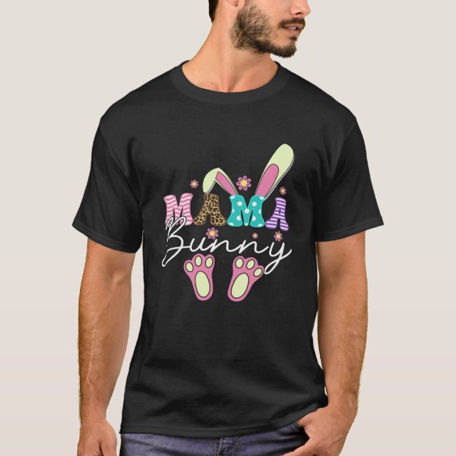 T-shirt Mama Bunny Leopard Pregnancy Mommy Groovy Flowers  (Devant)