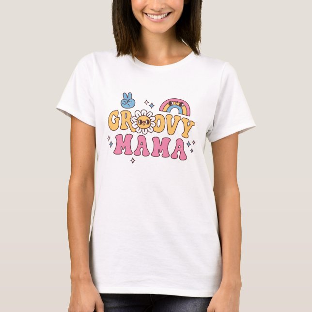 T-shirt Mama Groovy Fleur Et Arc-En-Ciel (Devant)