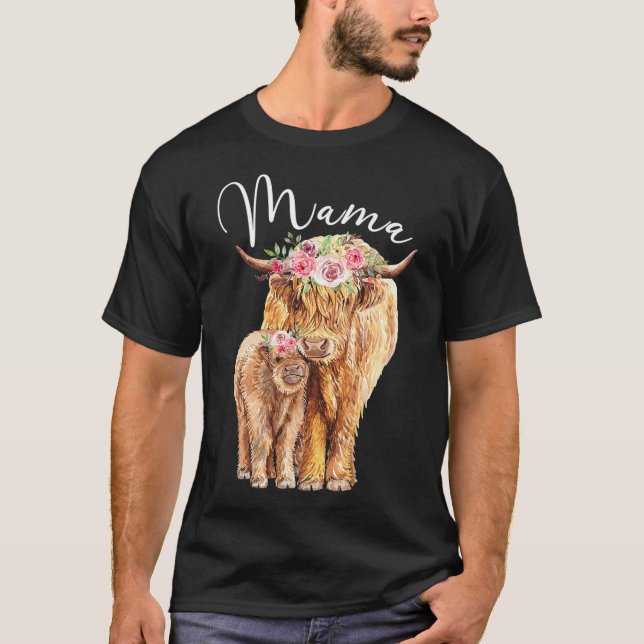 T-shirt Mama Highland Cow Avec Bébé Calf Floral Mères Da (Devant)