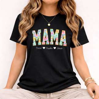 T-shirt Mama Mom Floral With Kids Names Mother's Day