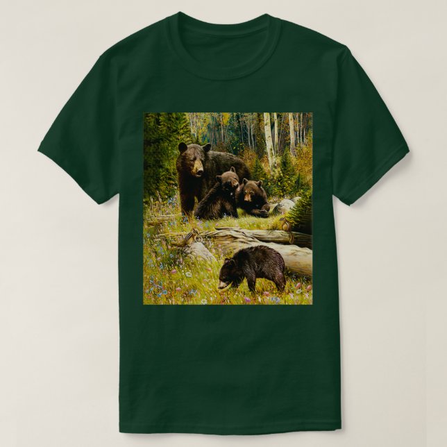 T-shirt Mama Ours Et Bébés Noir Ours Famille (Design devant)