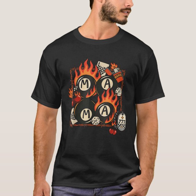 T-shirt Mama Rockabilly Retro Tattoo Style Flame Dice Cher (Devant)