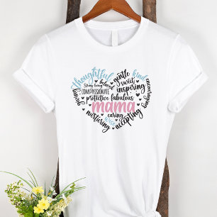 T-shirt Mama Word Cloud Bleu et Rose Coeur Mère