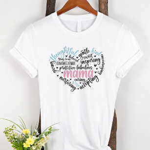 T-shirt Mama Word Cloud Bleu et Rose Coeur Mère