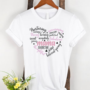 T-shirt Mama Word Cloud rose et noir Coeur Mère