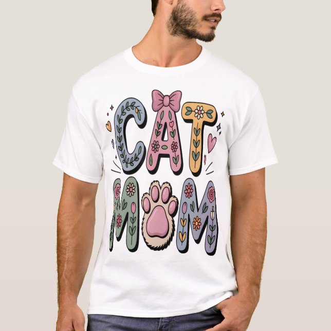 T-shirt Maman chat floral avec empreinte de patte (Devant)