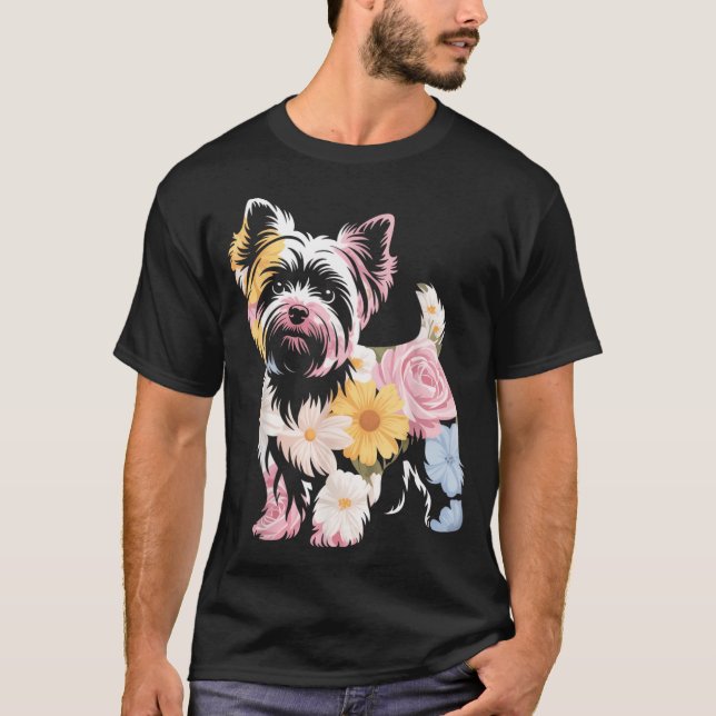 T-shirt Maman Chien Yorkie Mignon Femme Florale (Devant)