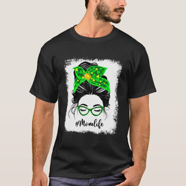 T-shirt Maman Clover Messy Bun Leopard Shamrock St Patrick (Devant)