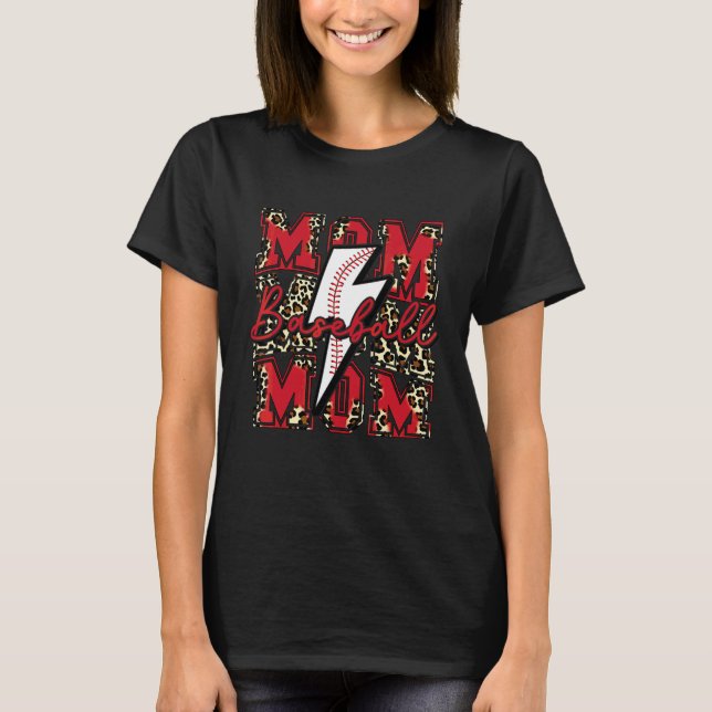 T-shirt Maman de baseball Éclair de baseball léopard rouge (Devant)