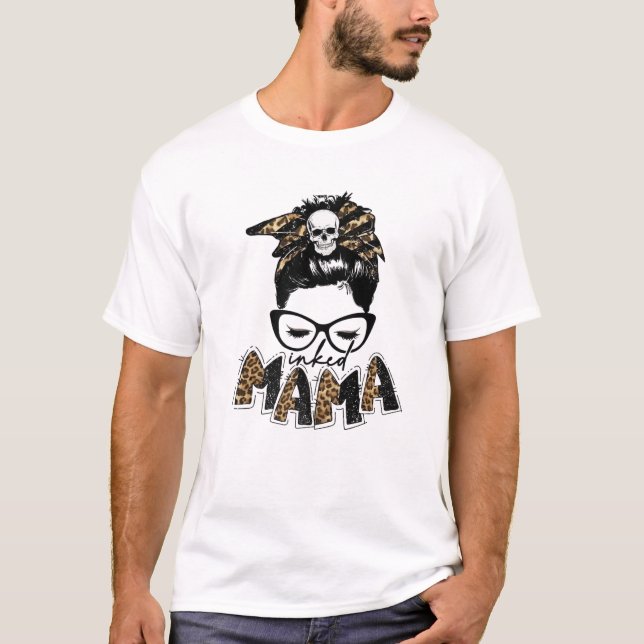 T-shirt Maman Enked Messy Bun Bandana Leopard Tattoos Mama (Devant)