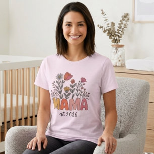 T-shirt Maman Mama Est 2026 Grossesse Florale Personnalisé