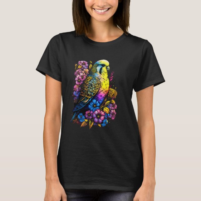 T-shirt Maman Perruche Fleur Perruche Ondulée Oiseau Mère  (Devant)