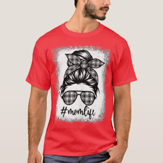 T-shirt Maman Vie Bleached Messager Bun Noir & Blanc Plaid
